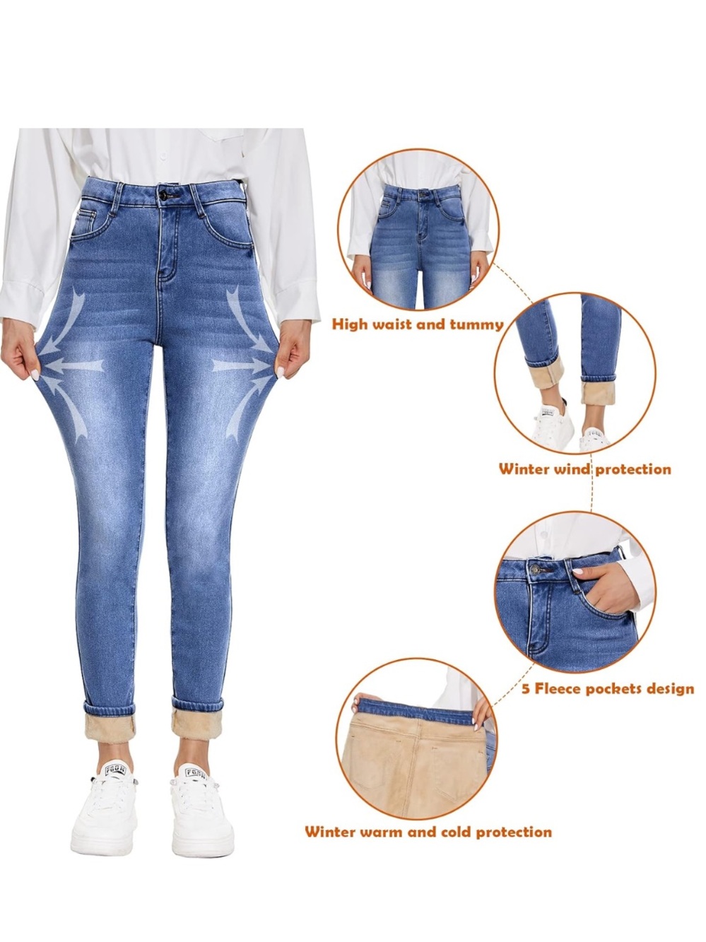 Bisual Women’s Fleece Lined High Rise Skinny Jeans Blue Cuffed Thermal Winter - Picture 3 of 4